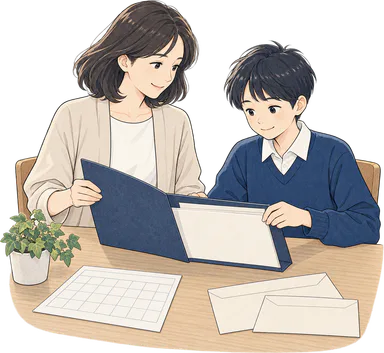 出願書類を一緒に確認する親子のイラスト
