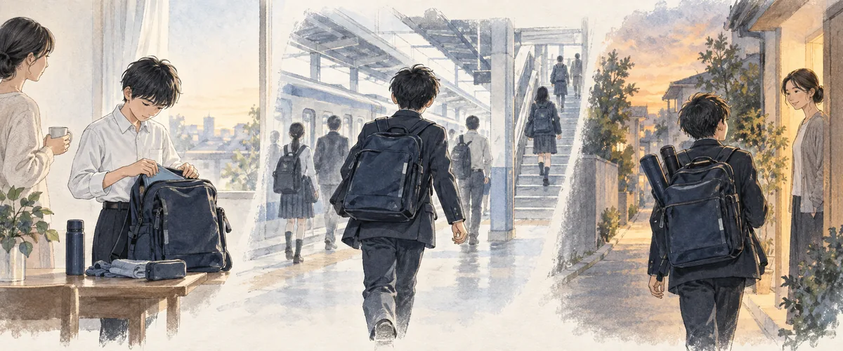 朝の準備、電車通学と乗り換え、部活動後の帰宅を描いた中学1年生の一日のイラスト