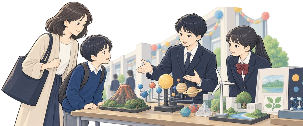 文化祭で在校生の展示説明を聞く親子のイラスト